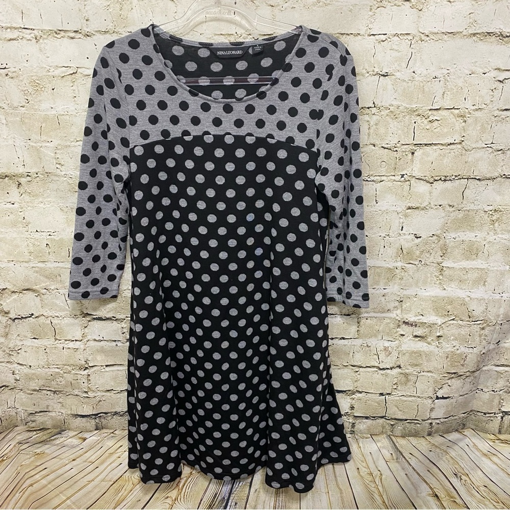 Nina Leonard Gray Black Polka Dot 3/4 Sleeve A Line Dress With Pockets